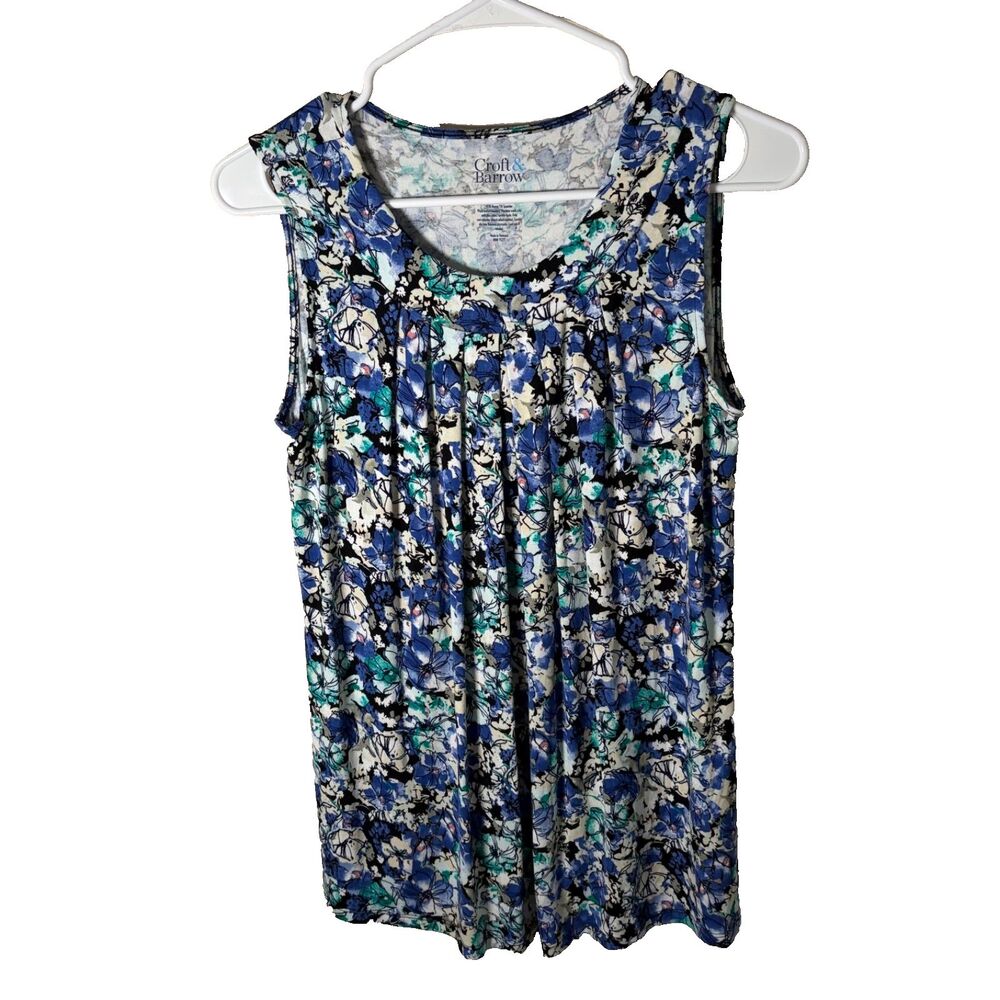 Croft & Barrow Tank Top Women's Small Blue Floral Round Neck Sleeveless Casual